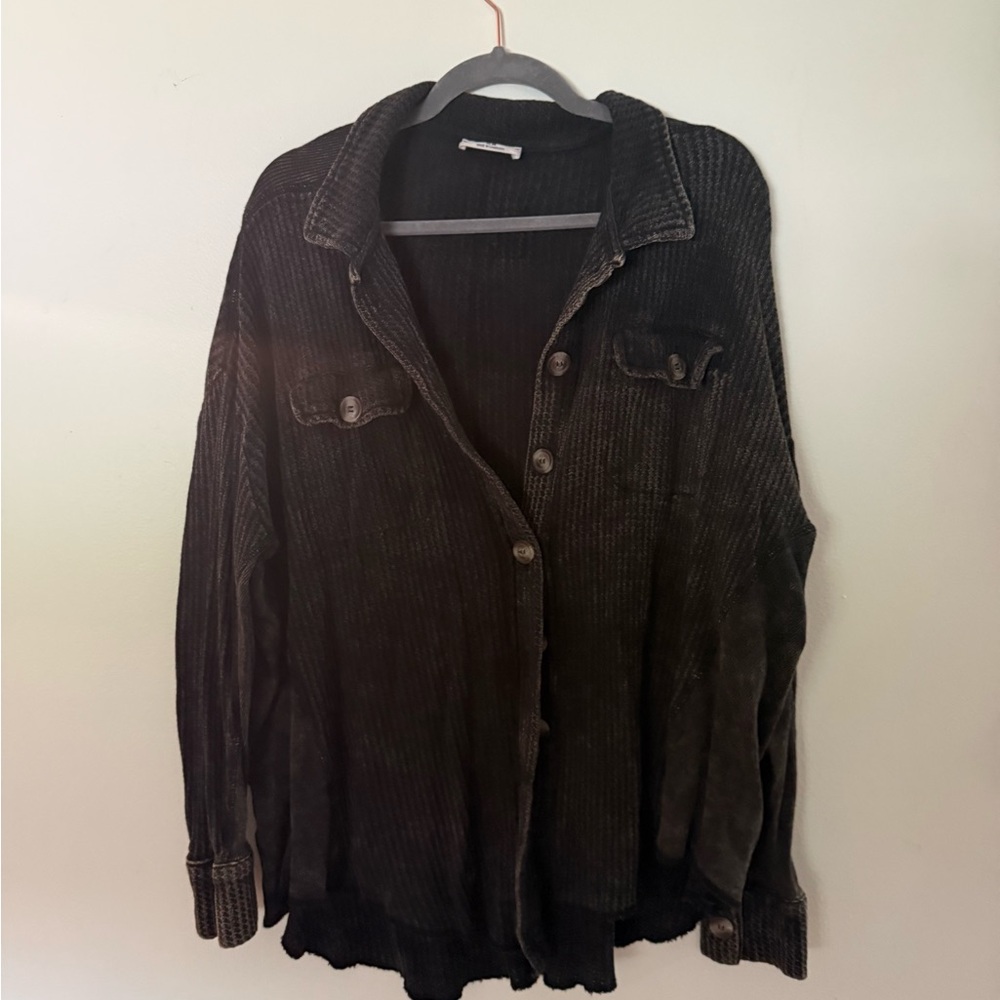 Washed Black Waffle Texture Button-Up Shirt